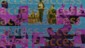 Your Access to Work Story. Graphic image of disabled people in the work place. the word "access" is repeated over and over as an overlay.