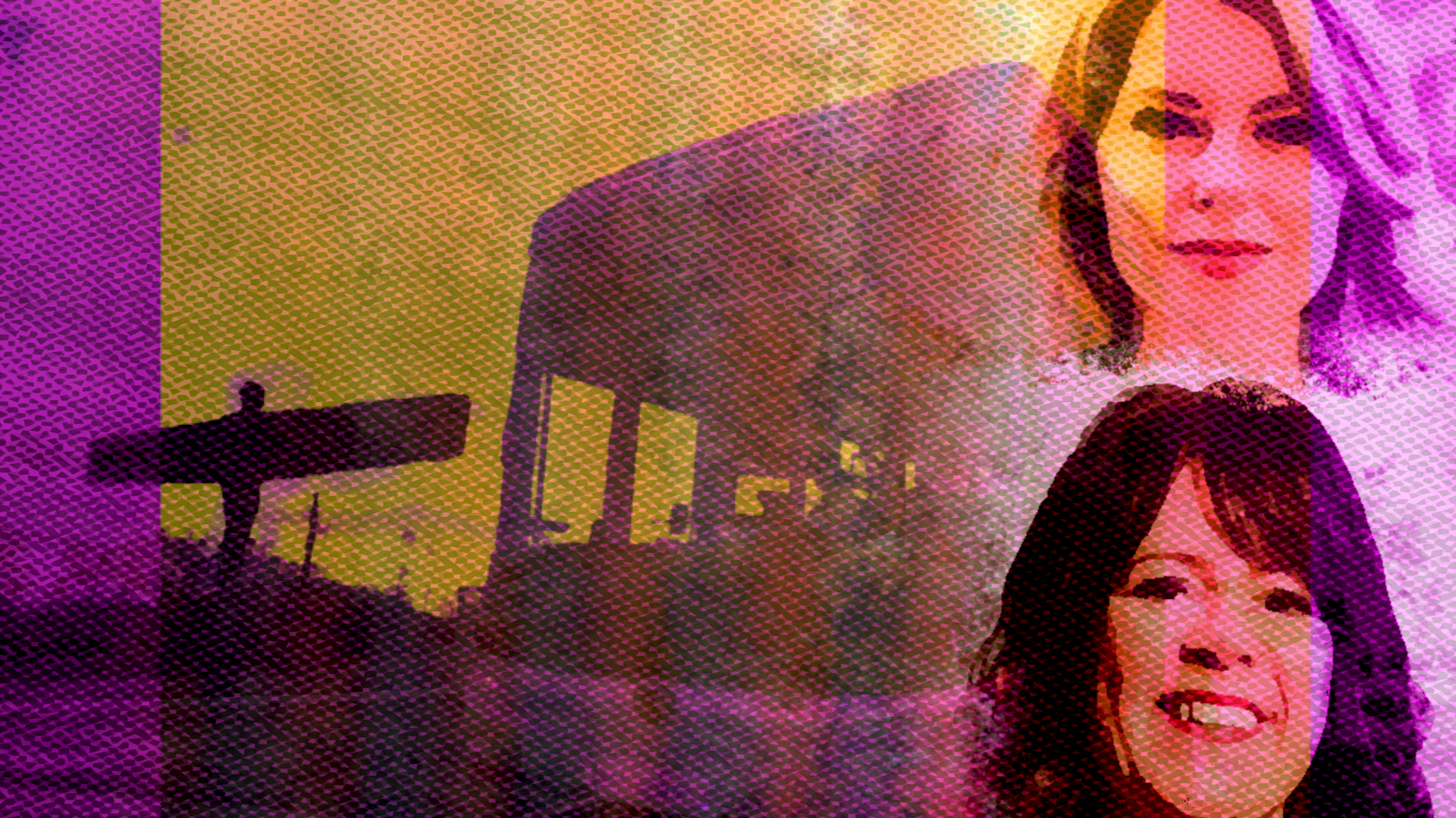 Stylised, colour-filtered image showing Kim McGuinness’ and Mary Kelly Foy faces on the right, one above the other, both looking forward. The background features a large elephant statue and an industrial or urban scene, overlaid with a textured pattern in purple, yellow, and pink tones, giving the image a bold, poster-like appearance.