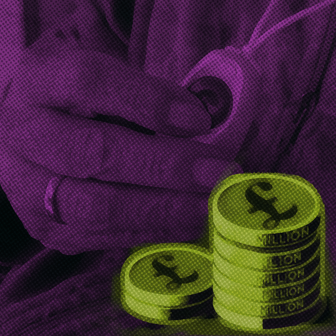 Illustration of a purple hand holding a telecare alarm button, with yellow coins marked with pound symbols nearby, representing telecare charges.