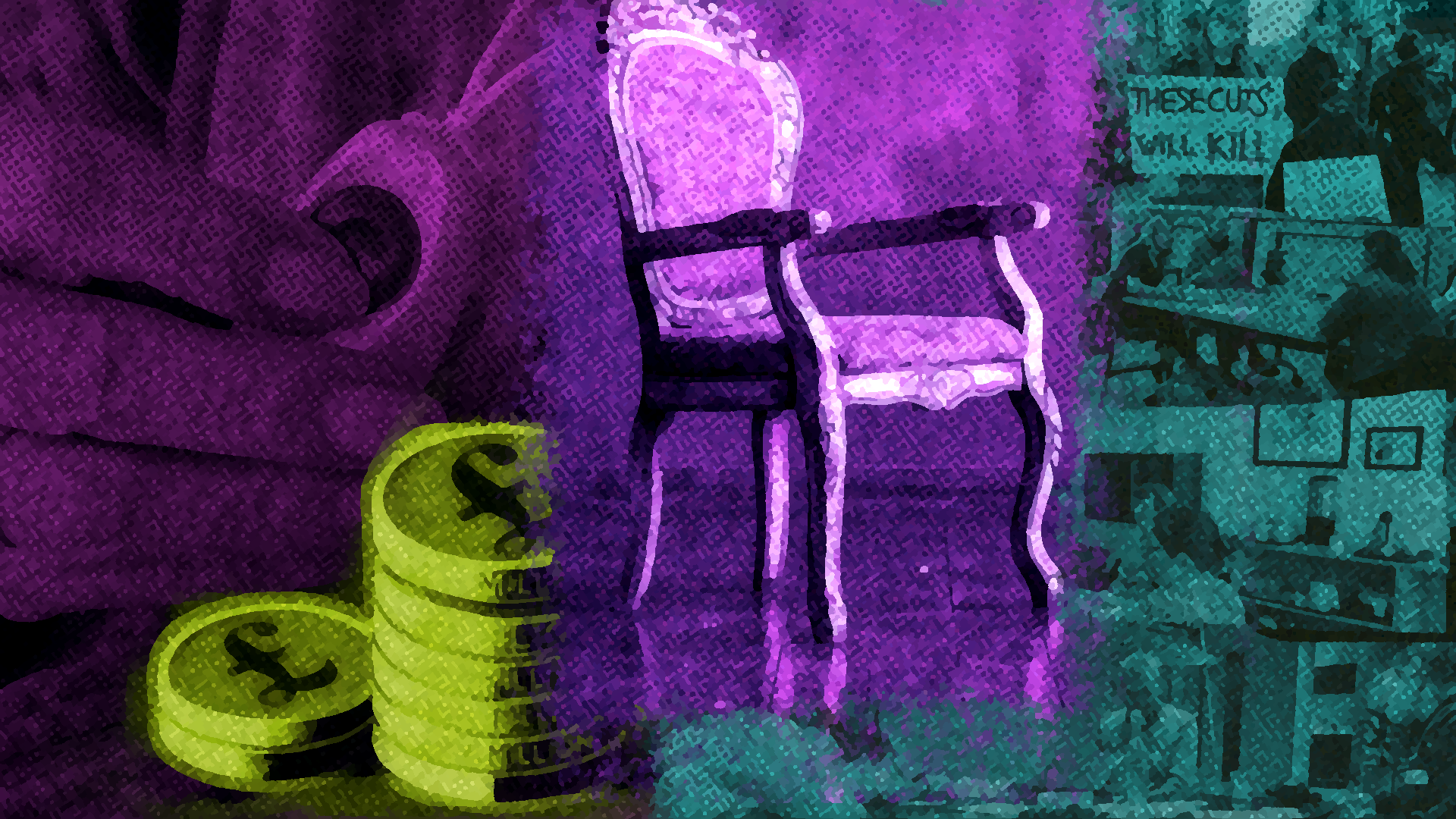 Stylized illustration using a halftone dot pattern effect. The center shows an empty purple chair symbolizing MPs who didn't attend the welfare reform meeting. On the left are stacked yellow coins marked with pound sterling symbols representing proposed benefit cuts. On the right is a teal-colored protest sign reading 'THESE CUTS WILL KILL.' The image conveys the stakes of welfare reform and political absence.