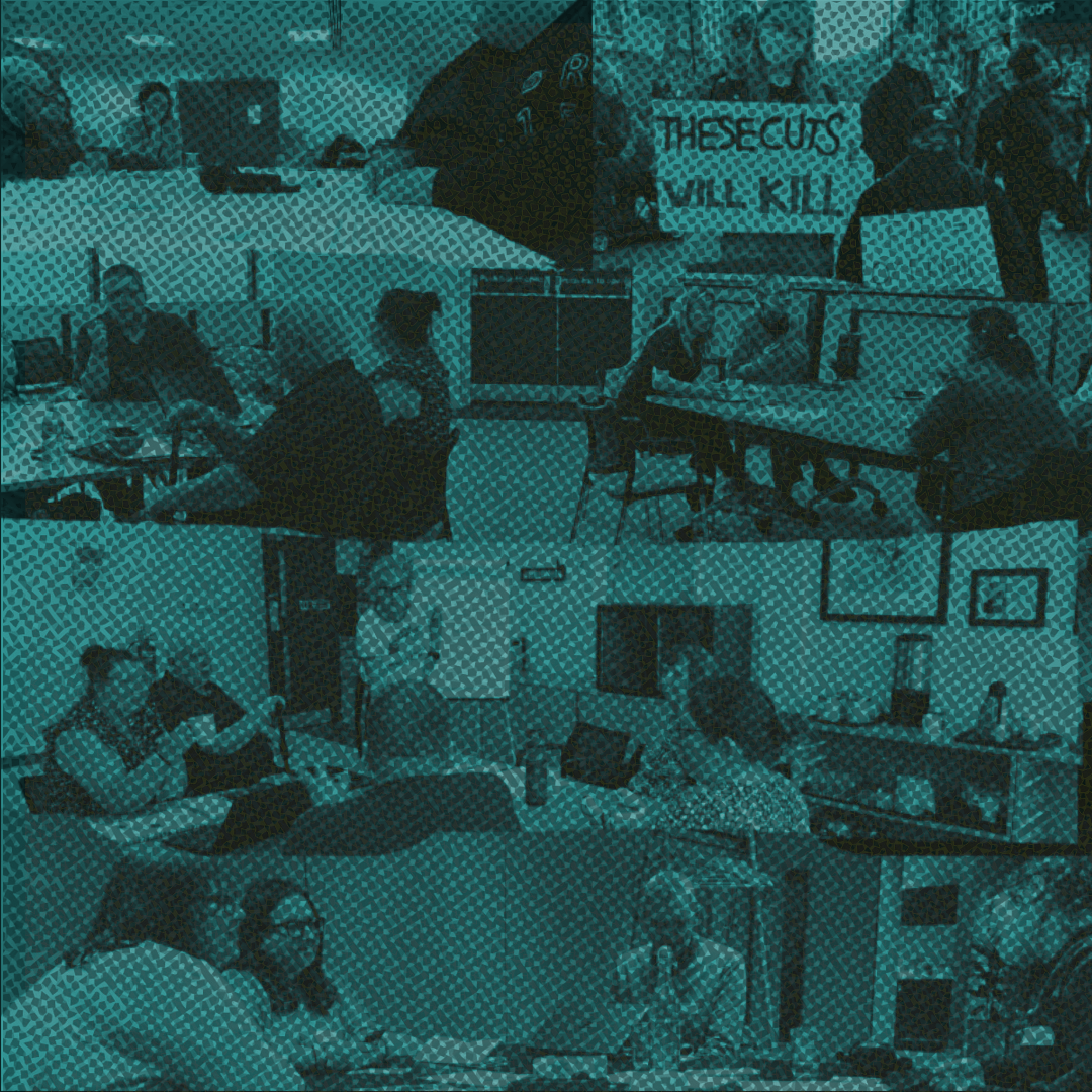 **Alt text:**
A teal-tinted collage of photos showing disabled people meeting, discussing, and organising in community and online spaces. Several images show people seated around tables with laptops and notebooks, others show video calls on screens. One image includes a protest sign reading “THESE CUTS WILL KILL.” The overall image conveys disabled-led activism, collaboration, and collective action.