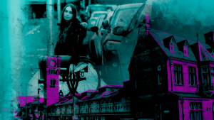 Report 2026 Disabled Northeast: A disabled woman navigating a pavement with accessibility barriers in Darlington town centre