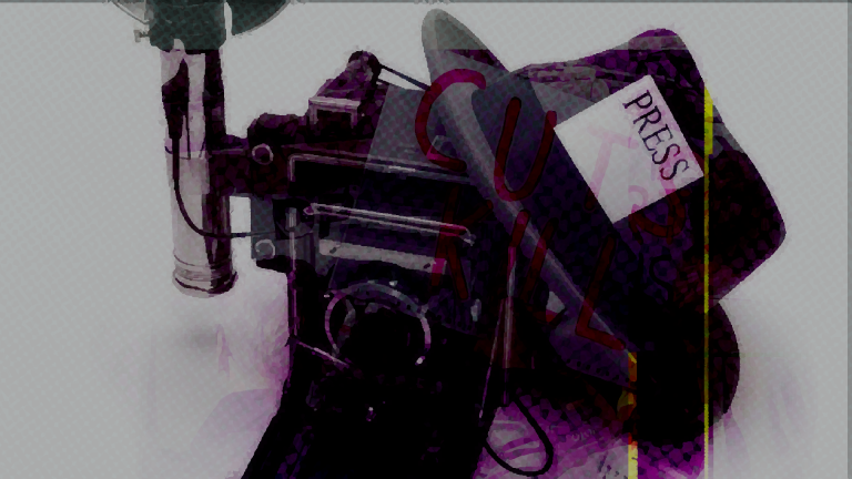 In the press. Old-fashioned camera with a trilby hat on top. Scenes from disability rights protests are superimposed