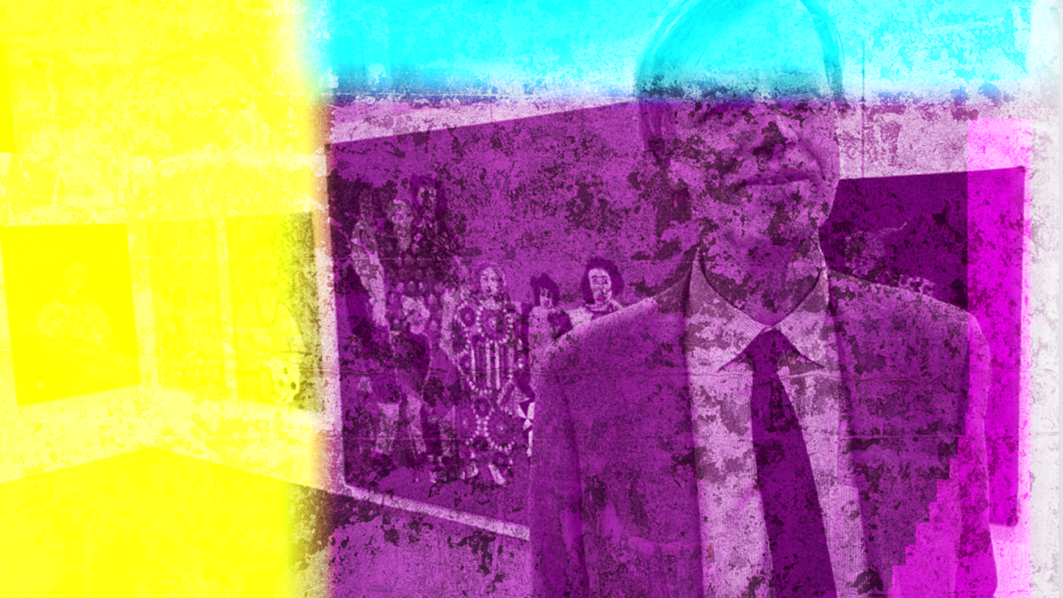 Share your PIP experience Timms Review. A brightly colored, abstract image featuring a textured, multicolored overlay in yellow, blue, and purple tones over a suited figure and a piece of artwork.