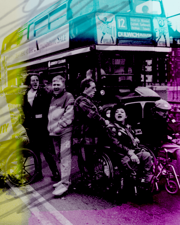 Living Library Disability History Month. Black-and-white photograph of members of the Disabled People’s Direct Action Network (DAN) protesting in the street in 1995, with wheelchair users and other disabled activists gathered beside a double-decker bus. The image has a grainy documentary style with bright yellow, cyan, and pink colour overlays, giving it a bold, archival activist poster aesthetic.