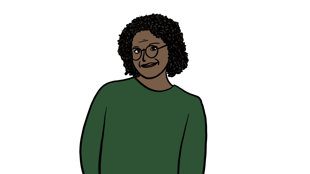 Illustration of a dark-skinned woman with curly hair wearing glasses and a green jumper.