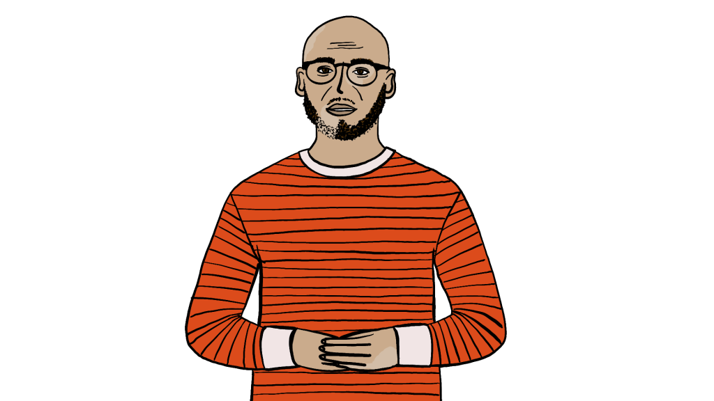 Illustration of a bald man with glasses and a beard wearing a red striped top.