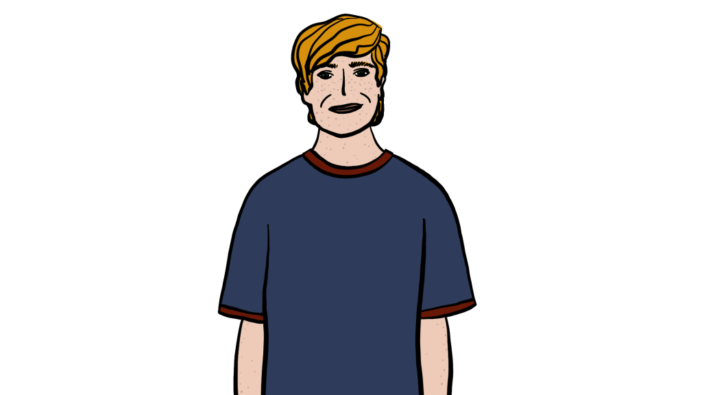 Illustration of white man with blond hair and a navy blue tshirt.