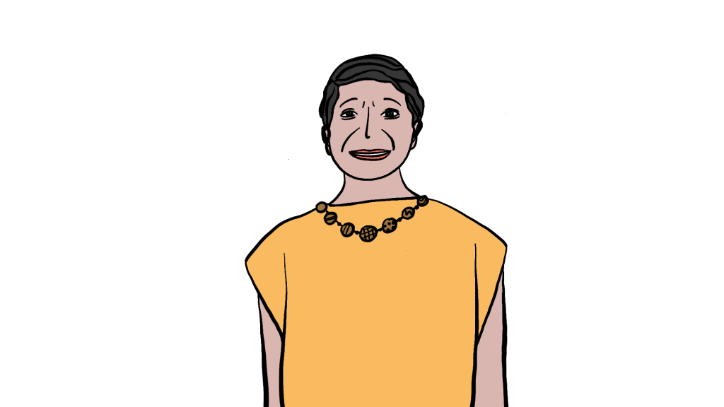 Illustration of an older woman with short dark hair and a yellow top.
