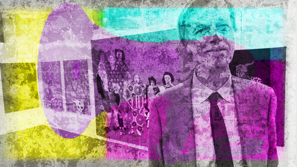 PIP Timms Review: Experiences Disabled People North East: A heavily stylised composite image with a distressed, screen-printed aesthetic. A suited man in a shirt and tie dominates the right side of the frame, looking upward. The image is overlaid with bold blocks of cyan, magenta, and yellow-green, giving it a CMYK halftone or risograph feel. Behind the figure, a faded crowd scene is visible — people in ornate or decorated clothing. To the left, a large purple oval or speech-bubble shape floats over a yellowed, textured background. The overall effect is gritty and editorial, like a political poster or album artwork.