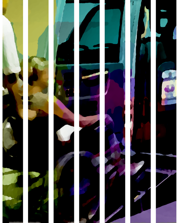wheelchair accessible taxis north east. A stylized, posterized image shows a wheelchair user beside the open side door of an accessible taxi. They lean forward toward the vehicle while another person stands nearby. The wheelchair, open doorway, and part of the taxi's interior are visible, though fine details are obscured by the image's artistic effect.