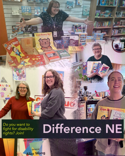 Disability History Book Drive 2026: Collage of Difference NE staff and volunteers in a bookshop, smiling and holding disability-themed books including Can Bears Ski?, Why Not?, and Disability Visibility
