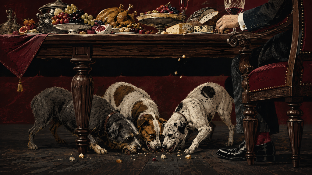 Dogs fighting underneath the table over scraps