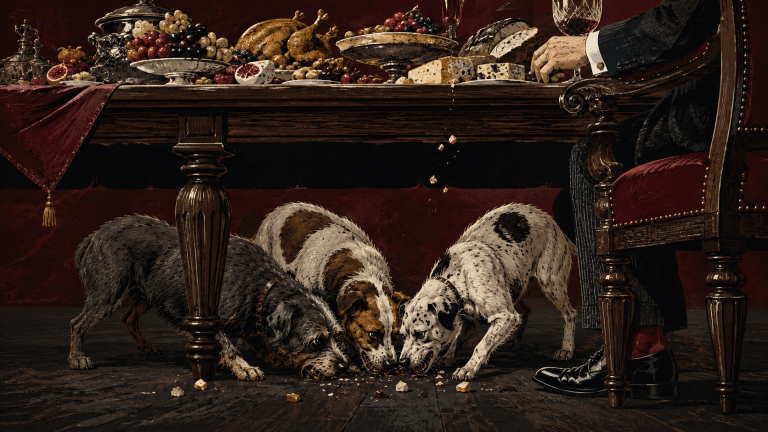 Dogs fighting underneath the table over scraps