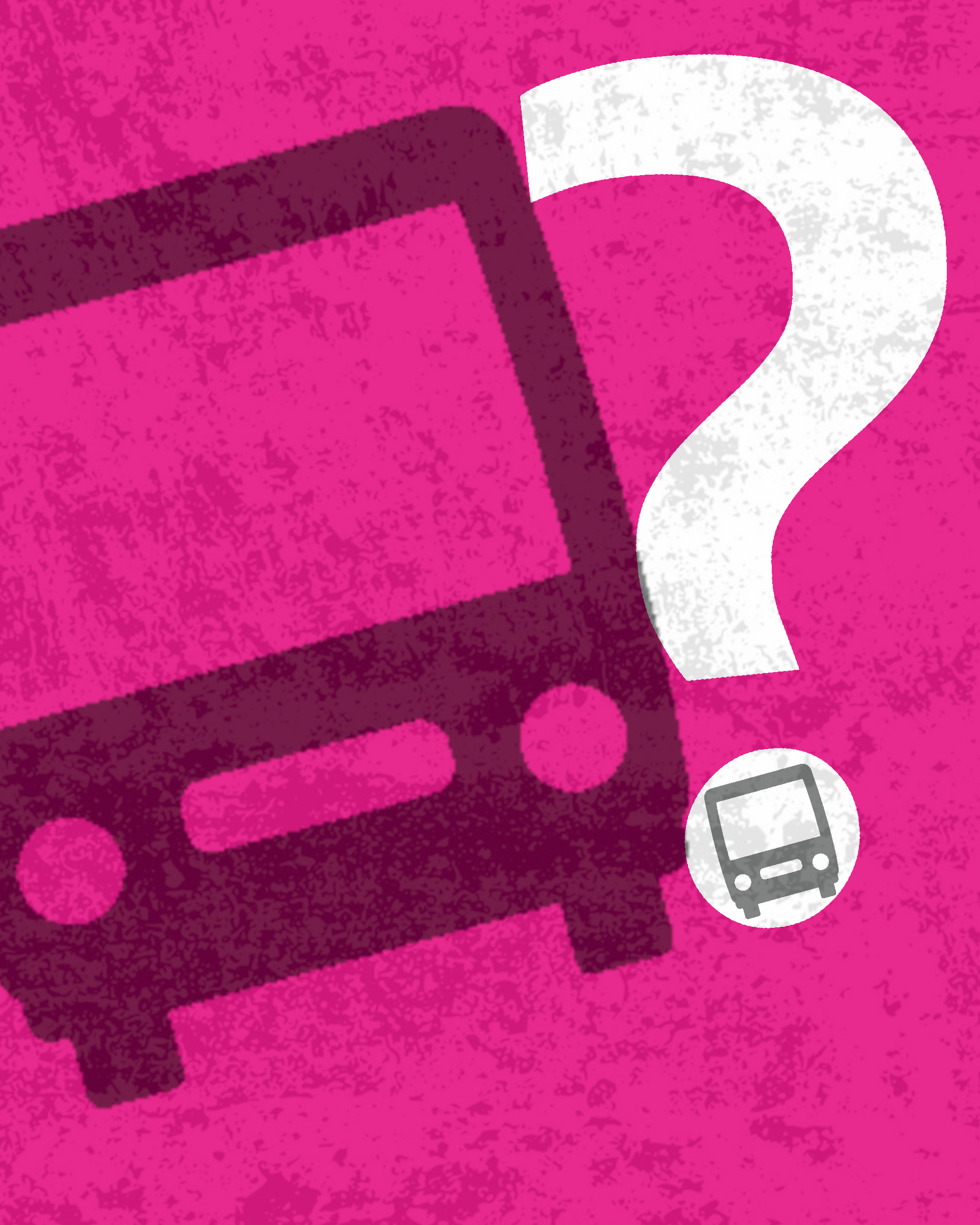Bus franchising North East: Pink textured graphic featuring a dark purple stylised bus stop or transport sign, with a large white question mark and a small white circle containing a grey bus icon.