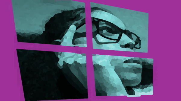 smart glasses visually impaired - Illustration of a person wearing smart glasses, shown in four window-like panels in teal and black on a purple background